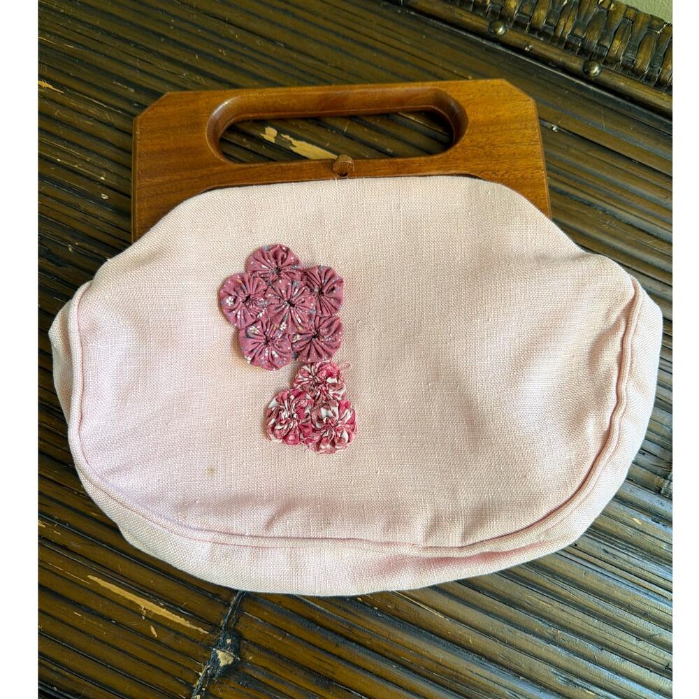 Pink Floral Linen Wooden Handle Handbag Purse Unique Coquette Twee Clutch Rare